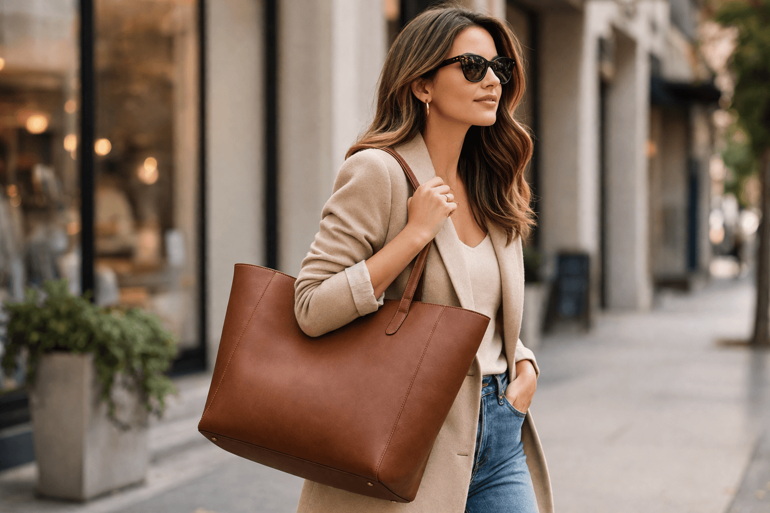 woman carrying a luxurious leather bag on her shoulder