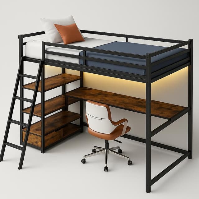 Whisen Twin Size Metal Loft Bed with Desk